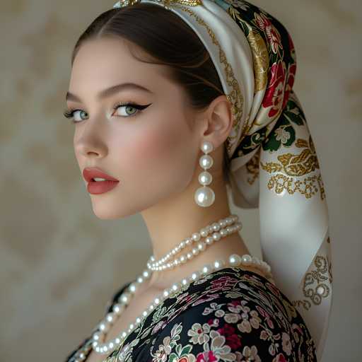 A woman with long brown hair is the main subject of this image. She is wearing a black and white dress adorned with pink flowers on the sleeves. The woman has her hair styled in an updo and she is wearing a headscarf that matches the color scheme of her dress, creating a harmonious look. A pearl necklace and earrings are also visible, adding to the elegance of her appearance.
