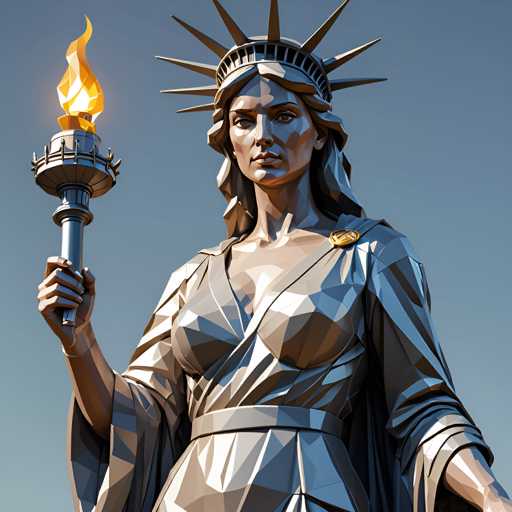 The image shows a statue of a woman holding a torch and shield, standing against a clear blue sky. The statue is made of metal and appears to be a 3D rendering.