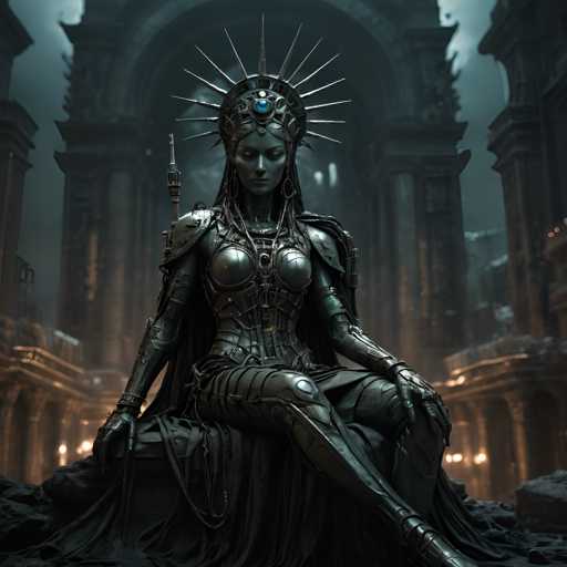The image depicts a statue of a woman seated on a throne with her legs crossed and holding a sword in her right hand. The statue is encased within a dark room filled with columns and arches, creating an atmosphere of grandeur and majesty. The woman's attire consists of a long robe that flows down to the floor, adding to the regal appearance. The image does not contain any discernible text or additional objects, making it a static representation of the statue in its environment.