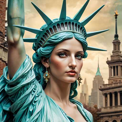 The image shows a statue of a woman with blue hair and a crown on her head, standing against the backdrop of a city skyline. The statue is positioned centrally in the frame, drawing attention to its intricate details.