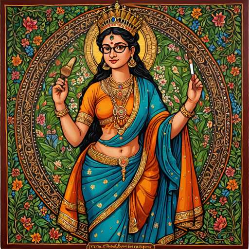 A woman dressed in traditional Indian attire is depicted against a vibrant green and gold floral background. She holds a brush in her right hand and a palette of paint in her left hand, suggesting she may be an artist or a painter. The painting features intricate designs and patterns that are characteristic of Indian artistry.