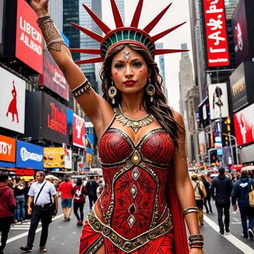 A woman dressed as the Statue of Liberty is walking down a busy city street, with her arm raised high and wearing a red dress adorned with gold accents that includes a crown on her head. The background features tall buildings and billboards, indicating an urban setting.
