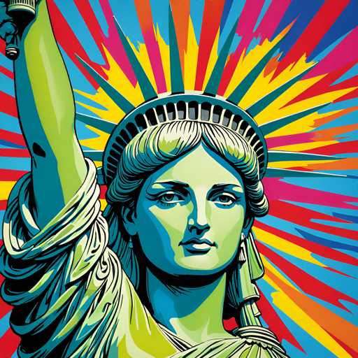 The image depicts a statue of a woman's head and shoulders rendered in a vibrant color palette with hues of blue, green, yellow, pink, orange, and red. The statue is positioned centrally against the backdrop of a colorful explosion radiating from the center, creating an abstract representation of the Statue of Liberty.