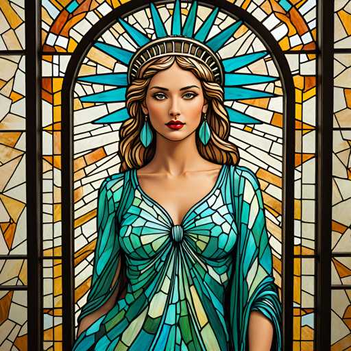 The image depicts a woman wearing a blue dress with a green and yellow patterned design on the skirt. She is standing against a backdrop of a stained glass window that features an archway and a sunburst design in shades of orange and yellow. The woman's face is turned towards the camera, creating a sense of connection between her and the viewer.