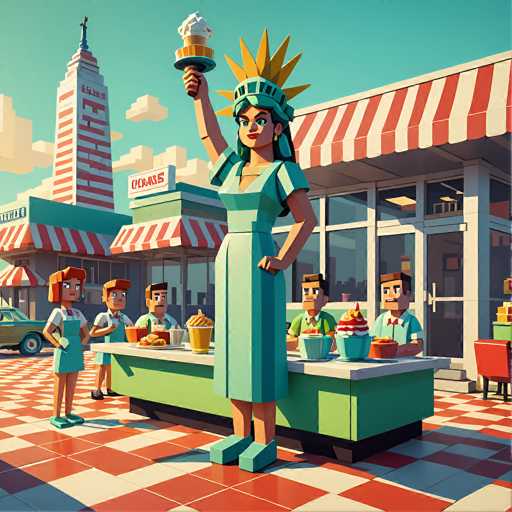 A vibrant, retro-style illustration of a classic American diner scene. The central focus is a stylized Statue of Liberty figure, rendered in teal and gold, holding an ice cream cone aloft with a triumphant expression. She's wearing a teal diner uniform and a matching headpiece, standing proudly in front of a bright green diner counter. 

Several cartoonish figures are depicted as customers and staff, all in a similar retro aesthetic with simple, bold shapes. They're interacting around the counter, some holding ice cream cones and others seemingly serving food. The diner itself is a charming, retro-style building with red and white striped awnings and large windows. 

The background features a tall, stylized skyscraper with a similar retro design, suggesting an urban setting. The overall color palette is bright and cheerful, using bold primary colors like teal, red, yellow, and white. The scene is rendered in a clean, flat style with sharp lines, reminiscent of vintage illustration or a retro video game. The floor is tiled in a checkered pattern of red and white, adding to the overall retro feel.