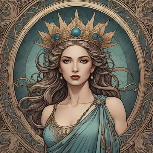 The image depicts a woman wearing a blue dress and a crown on her head. The background is a light blue color with gold accents, creating an elegant and regal atmosphere. The woman's face is the focal point of the image, and she appears to be looking directly at the viewer.