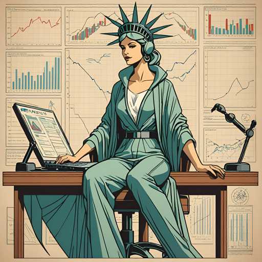 The image depicts a woman seated at a desk with a laptop and a computer monitor. She is wearing a green robe and a crown on her head, suggesting she may be a queen or ruler. The background features a graph with various lines and bars representing different data points.