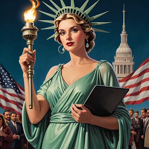 The image depicts a woman dressed as Lady Liberty, holding a torch and standing in front of the American flag with the words "Liberty" written on it. The background features a dark blue sky with white clouds, and other people can be seen in the distance.