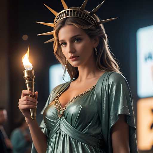 A woman is standing against a dark background with her hair styled in loose waves and wearing a gold crown on her head that has a large sunburst design at the top. She is holding a golden torch in one hand and a gold necklace around her neck.