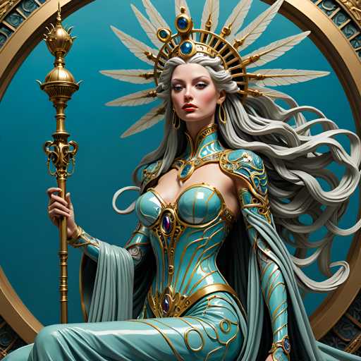 A woman with long blonde hair and a blue dress is depicted holding a golden staff adorned with blue jewels against a deep blue background featuring gold accents.