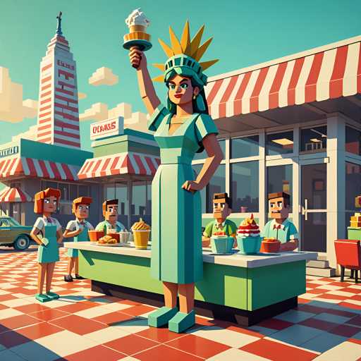 The image depicts a cartoon scene set on a checkered floor with a green and white striped awning. A woman dressed as the Statue of Liberty is standing behind a counter holding an ice cream cone in her hand. Behind her are four children seated at a table covered by a red and white striped awning, enjoying their own ice cream cones.