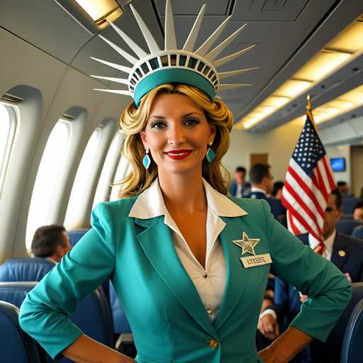 A woman wearing a green suit and a crown on her head is standing in an airplane with the American flag behind her.