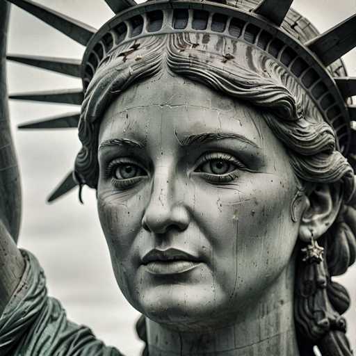 The image shows a close-up view of the statue of Liberty's face and head. The statue is made of metal and features intricate details such as the crown on top and the iconic torch held by the figure. The statue is set against a cloudy sky, creating a dramatic backdrop for the scene.