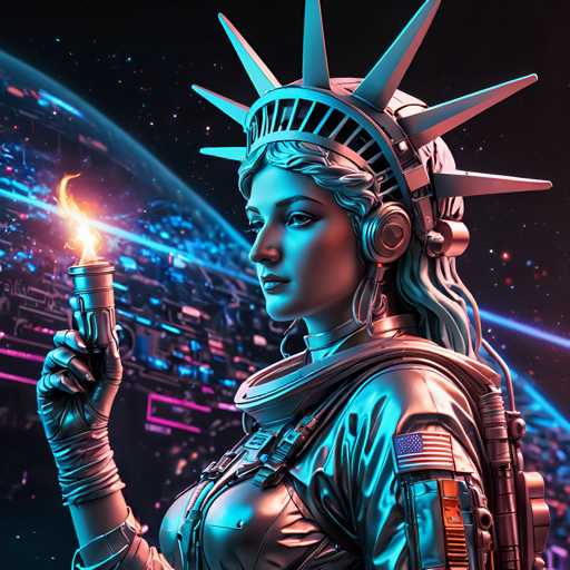 The image depicts a woman wearing a silver suit and helmet with a large headdress on her head, holding a torch that is lit up against the backdrop of a futuristic cityscape. The city appears to be made entirely of neon lights, creating an otherworldly atmosphere.
