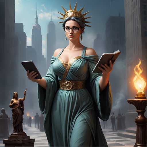 A digital painting in a highly detailed, realistic style depicts Lady Liberty holding two open books. She is dressed in a flowing teal gown with gold accents and a golden crown, holding a tablet in one hand and an open book in the other. She wears glasses and has a serious expression, looking directly at the viewer. The background is a blurred cityscape of New York City with tall buildings and a hazy atmosphere, suggesting a sense of historical or symbolic context. A bronze statue of Lady Liberty stands to her left, and a torch stands on a pedestal to her right. The overall lighting is soft and atmospheric, with a warm glow emanating from the torch.