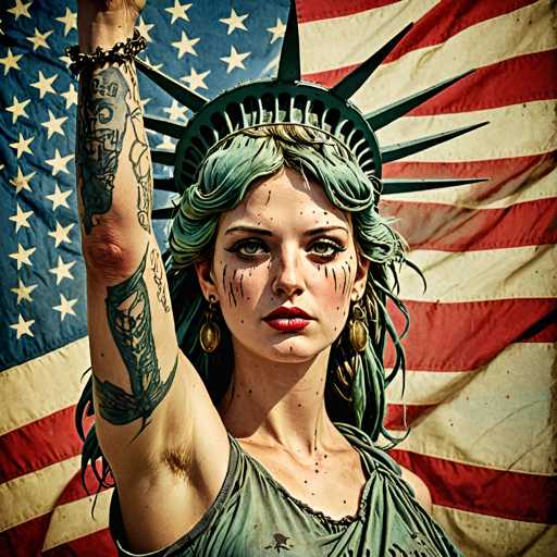 A woman with green hair and tattoos on her arm is standing against a backdrop of the American flag.
