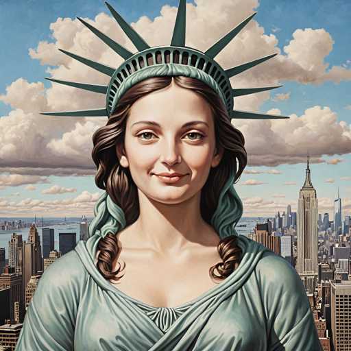 The image depicts a woman wearing a crown and a green headdress with a lion's head on top, standing against the backdrop of New York City skyline. The painting is executed in an impressionistic style, characterized by loose brushstrokes that capture the essence of the scene rather than focusing on minute details.

The woman appears to be smiling at the camera, and her attire suggests she may be a prominent figure or a character from a story. The cityscape behind her adds depth and context to the image, emphasizing the contrast between the natural beauty of the woman's crown and headdress and the man-made structures of the urban environment.