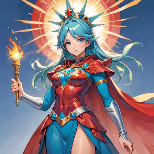 A female anime character with blue hair and a red dress holding a golden torch is the main focus of the image. The background features a bright sunburst radiating rays from it, creating an atmosphere of warmth and light.