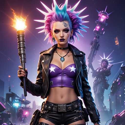 The image depicts a woman with spiky hair and a purple outfit holding a torch against a futuristic cityscape backdrop featuring robots and other technological elements.