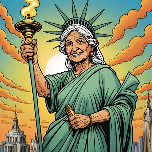 The image depicts an elderly woman dressed as the Statue of Liberty holding a torch and standing on a pedestal with her hands placed on her hips. The background features a city skyline with buildings in various sizes and colors, including white, gray, blue, green, and orange hues.