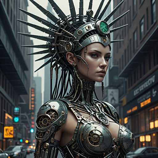 A woman is standing on a city street wearing a futuristic costume made of metal and adorned with intricate designs. The costume includes a crown-like headpiece that features a large green gemstone at the center, and she has long hair styled in an elaborate updo. The background shows buildings lining both sides of the street, suggesting an urban setting.