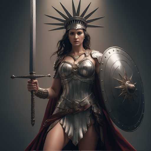 A powerful, detailed digital painting of a warrior woman in the style of a Greek goddess. She is clad in gleaming silver armor, adorned with intricate details and golden accents. Her helmet features a radiant sunburst design, and she holds a large, ornate sword in one hand and a round shield in the other. A flowing red cape drapes over her shoulders, adding to her majestic presence. Her expression is determined and focused, with dark hair cascading down her shoulders. The background is a muted gray, emphasizing the warrior's striking figure and creating a dramatic atmosphere.