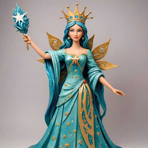 A figurine of a woman dressed as a fairy with blue hair and a gold crown is the central focus of the image. The figurine is holding a star-shaped object in her hand. The background is a light gray color that contrasts with the vibrant colors of the figurine, making it stand out.