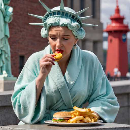 A woman wearing a light blue Statue of Liberty costume is enjoying a hamburger and fries while sitting at a table in front of the Statue of Liberty. The woman is holding a hamburger with her left hand and taking a bite, while her right hand holds a plate of fries. She is wearing a light blue terry cloth robe and has her hair styled to resemble the Statue of Liberty's crown. The background is a sunny day with a red lighthouse in the distance.