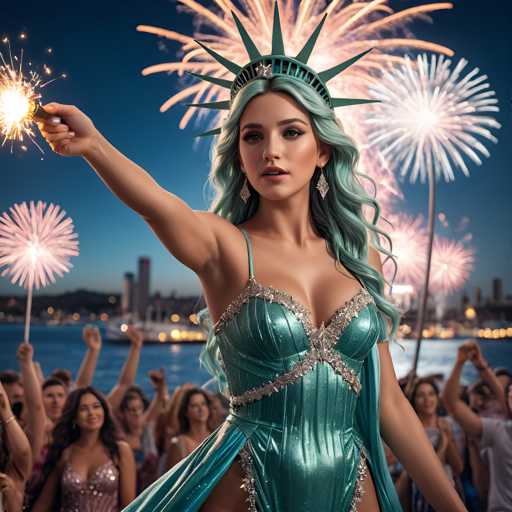 A woman with long blue hair is standing on a stage, holding a sparkler and surrounded by a crowd of people who appear to be dancing or celebrating the occasion. The background features fireworks exploding in the night sky, creating a festive atmosphere.