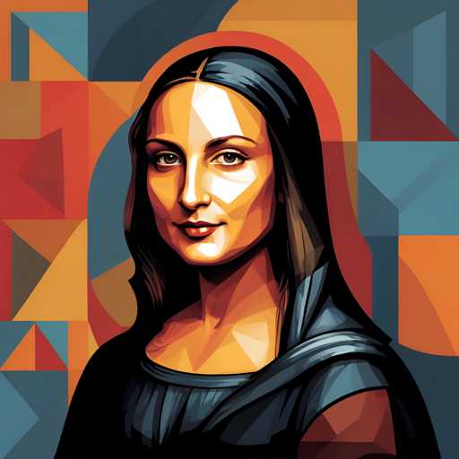 The image depicts a woman with long dark hair wearing a blue dress against an abstract background of geometric shapes and colors including red, orange, yellow, green, blue, purple, pink, and black triangles. The woman is looking directly at the camera, creating a sense of connection between her and the viewer.