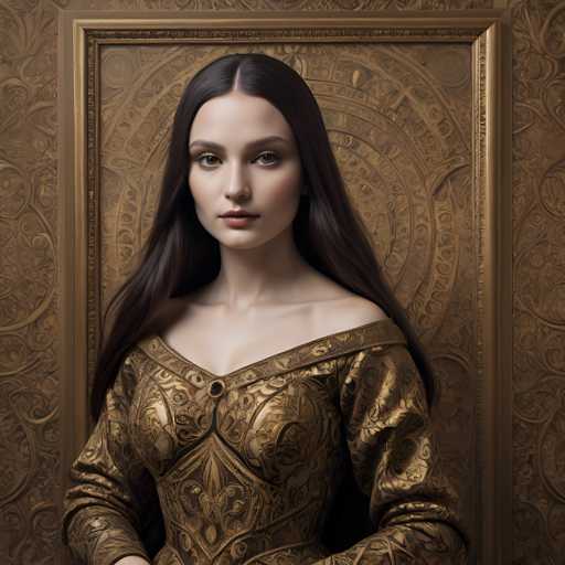 A woman with long brown hair is standing against a gold and beige patterned wall. She is wearing a dress that has intricate designs on it. The background of the image is blurred, but there appears to be a window or door in the background.