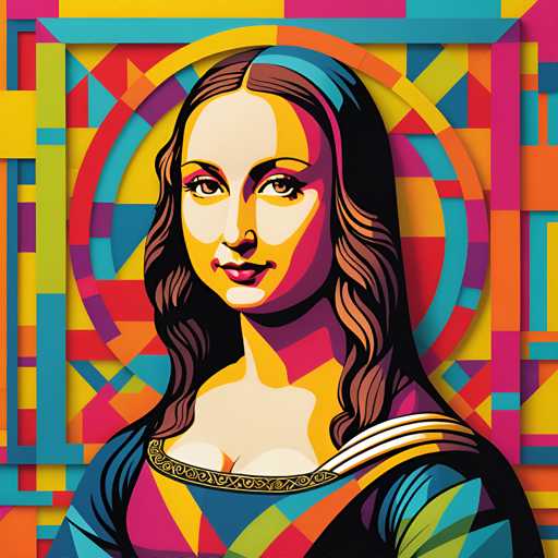 The image depicts a portrait of a woman with long brown hair and a blue headband. The background is a vibrant display of colors and shapes, including circles, squares, and triangles. The style of the artwork appears to be cartoon-like or pop art, characterized by bold lines and bright colors.