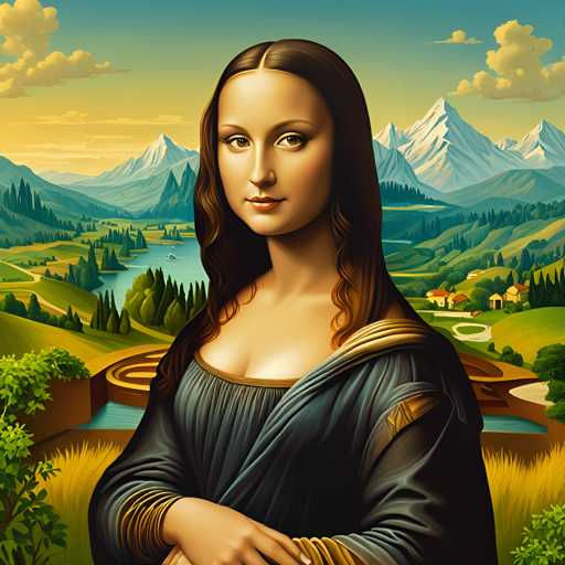 The image depicts a woman with long brown hair wearing a blue dress standing against the backdrop of a mountainous landscape. The mountains are covered in trees and appear to be lush green, suggesting a tropical or subtropical climate. The sky above is filled with clouds, indicating an overcast day.