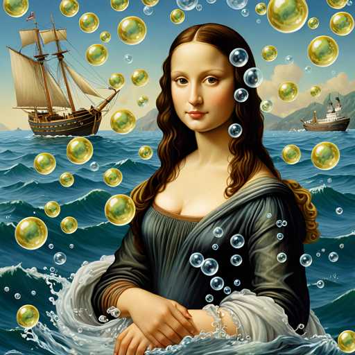 The image depicts a woman with long brown hair wearing a blue dress and holding her hands together while standing on the ocean waves. The background features a ship sailing through the water and several bubbles floating around the woman's head.