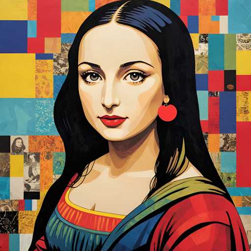 The image depicts a woman with long dark hair wearing a colorful dress and red earrings. The background is a vibrant display of various colors and shapes, creating an abstract art style reminiscent of the pop art genre.