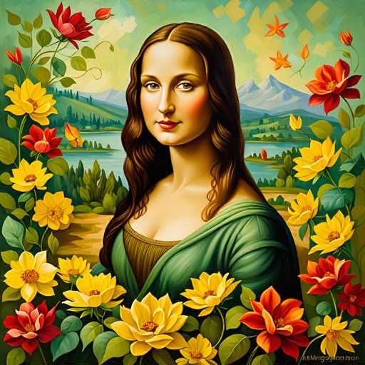 A digital painting in the style of Leonardo da Vinci's Mona Lisa, reimagined as a portrait surrounded by vibrant, stylized flowers and a serene landscape. The central figure is a woman with soft, flowing brown hair, wearing a green draped garment that subtly blends into the floral background. Her expression is gentle and enigmatic, with her eyes looking directly at the viewer. The flowers are a mix of yellow, red, and orange blooms with detailed textures, creating a sense of depth and vibrancy. The background features a peaceful landscape with rolling hills, a calm body of water, and distant mountains under a soft, warm light. The overall style is detailed and slightly fantastical, with a focus on capturing the essence of the Mona Lisa's iconic pose and expression while incorporating a more colorful, floral aesthetic.