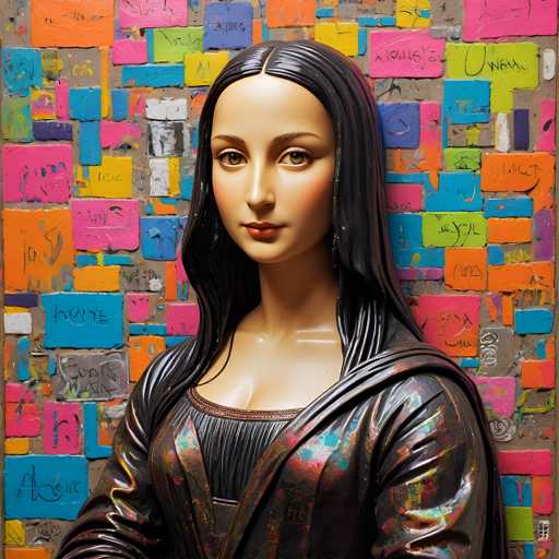 The image shows a statue of a woman with long hair and dark skin, wearing a black dress against a colorful background. The statue is positioned on the left side of the frame, facing towards the right. The background features a mosaic of various colors and shapes, creating an abstract backdrop for the statue.