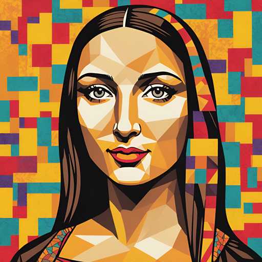 The image depicts a woman with long brown hair wearing a colorful headband and a red scarf around her neck. The background is a vibrant mosaic of various colors including yellow, blue, green, pink, orange, and purple squares arranged in a grid-like pattern.