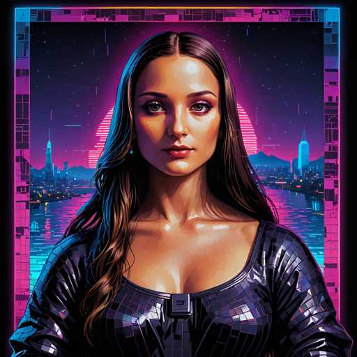 The image depicts a woman with long brown hair wearing a black dress and standing against a backdrop of a city skyline at night. The colors used in the image are predominantly blue, pink, and purple, creating a futuristic and artistic atmosphere.