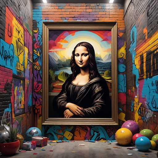 The image shows an art piece featuring a portrait of a woman with long brown hair and dark skin tones rendered in black against a colorful background. The painting is framed by a gold border and hangs on the wall next to a brick wall adorned with graffiti. In front of the painting, there are several colorful balls scattered around, including one red ball, two blue ones, and three yellow ones.