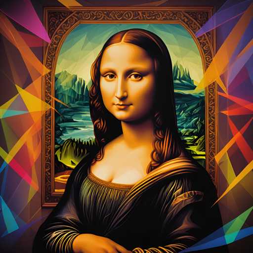 The image features an illustration of a woman with long brown hair and a black dress. She is depicted against the backdrop of a colorful abstract painting that includes geometric shapes and lines. The painting is framed by a gold border, adding to the overall aesthetic appeal of the piece.