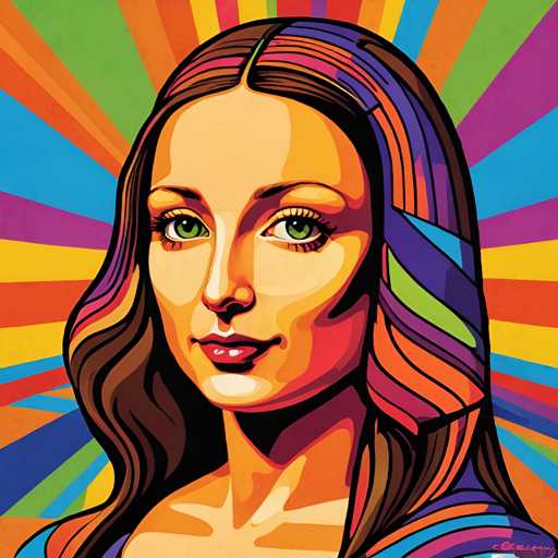 The image depicts an illustration of a woman with long brown hair and green eyes. The background is a vibrant display of colors that includes orange, yellow, blue, pink, purple, and green hues. The artist's style can be described as cartoon-like or pop art, characterized by bold lines and bright colors.