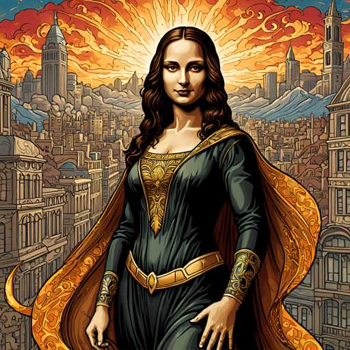 The image depicts a woman with long brown hair and an orange cape standing in front of a cityscape. The city is filled with buildings of various sizes and colors, including a tall tower on the left side of the frame. The sky above the city is painted in shades of orange and yellow, suggesting either sunrise or sunset.