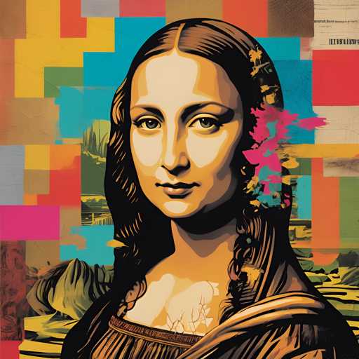 The image is an illustration of a woman's face with a flower in her hair. The background features a colorful mosaic pattern and the artist's signature "Mona Lisa" written on it.