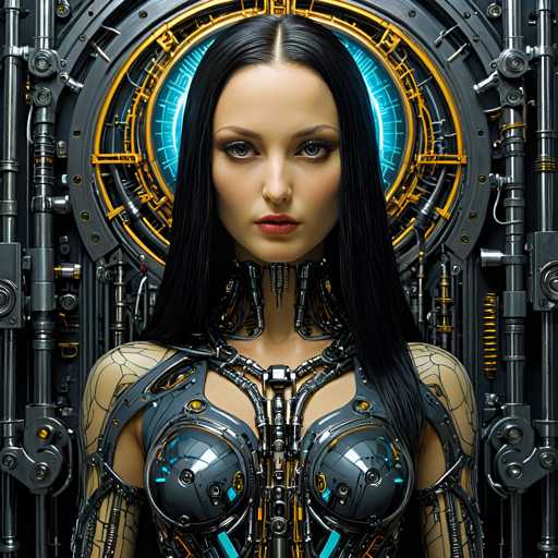 The image shows a woman with long dark hair wearing a futuristic outfit that includes a metallic bodysuit and a necklace made of blue and yellow metal pieces. The background is black and features a circular design with gold accents.