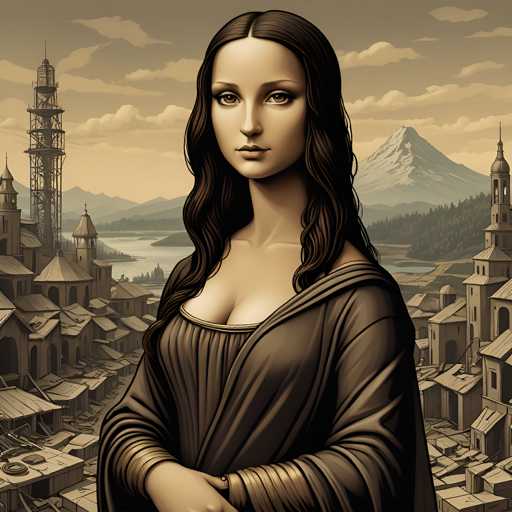 The image depicts a woman with long brown hair and dark skin wearing a brown dress standing against the backdrop of a cityscape featuring buildings of varying heights and designs. The artist's signature "Monaco" is visible in the bottom right corner.
