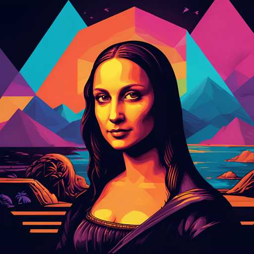 The image is an illustration of a woman with long hair and dark skin tones rendered in a cartoon style. The background features a colorful mountain range with pink, blue, green, and orange hues. The woman appears to be looking directly at the camera, giving off a serious expression.