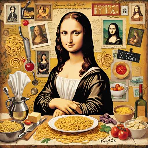 The image depicts a woman seated at a table with a plate of spaghetti and various other food items such as bowls filled with pasta, tomatoes, and cheese. The background features a collage of photographs and illustrations related to the Mona Lisa painting.