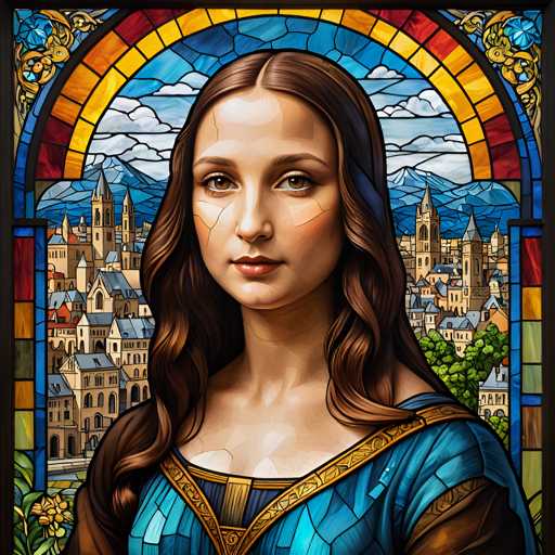The image depicts a woman with long brown hair wearing a blue dress and is set against the backdrop of a stained glass window featuring a castle-like structure surrounded by mountains. The colors used in the painting are predominantly blue, green, and yellow, creating a vibrant and lively atmosphere.