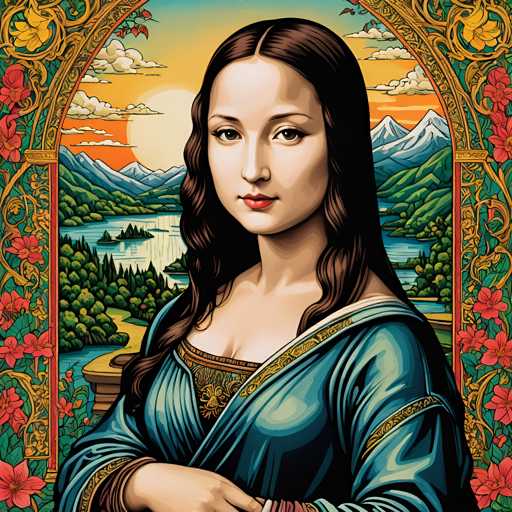 The image depicts a woman with long brown hair wearing a blue dress and standing against a vibrant backdrop of mountains and trees. The colors used in the painting are predominantly green, orange, and red, creating a warm and inviting atmosphere. The style of the painting is realistic, capturing the intricate details of the woman's features and the surrounding landscape.